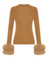 Wool Long Sleeve Top Fur Cuff - Tan