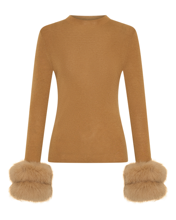 Wool Long Sleeve Top Fur Cuff - Tan