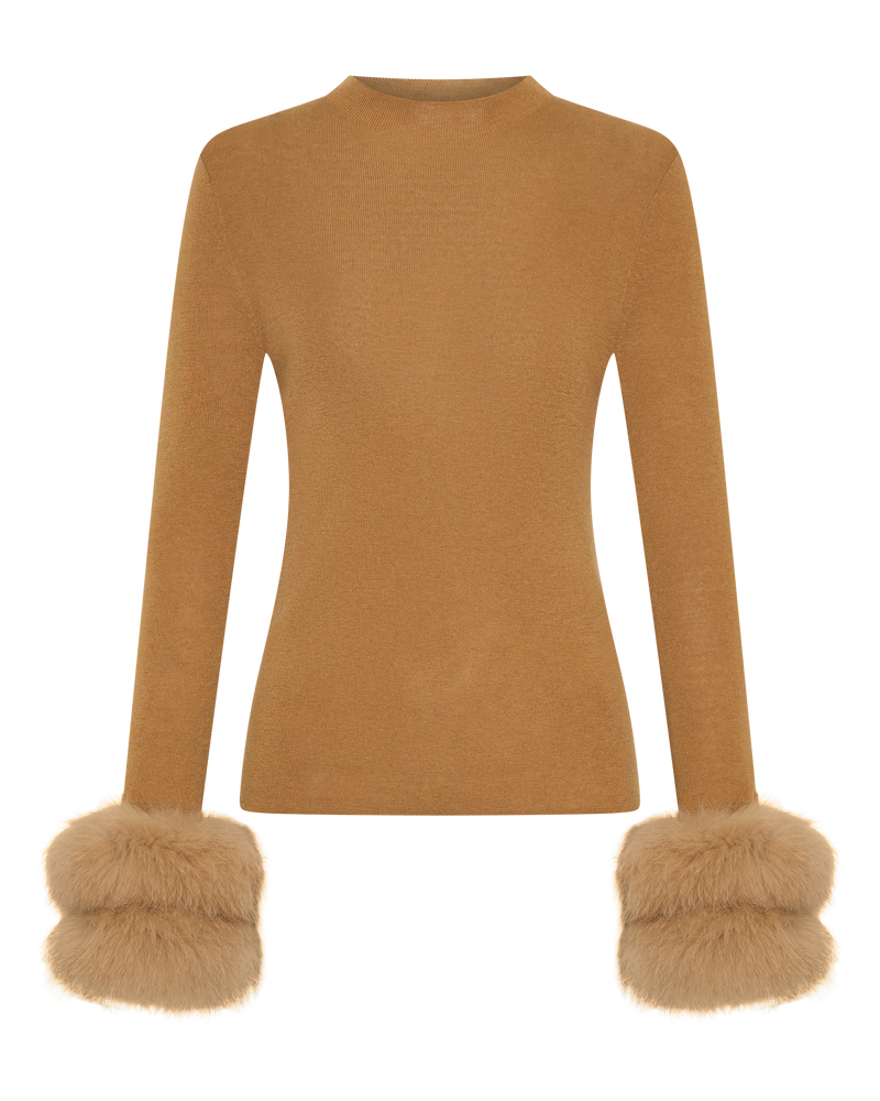 Wool Long Sleeve Top Fur Cuff - Tan