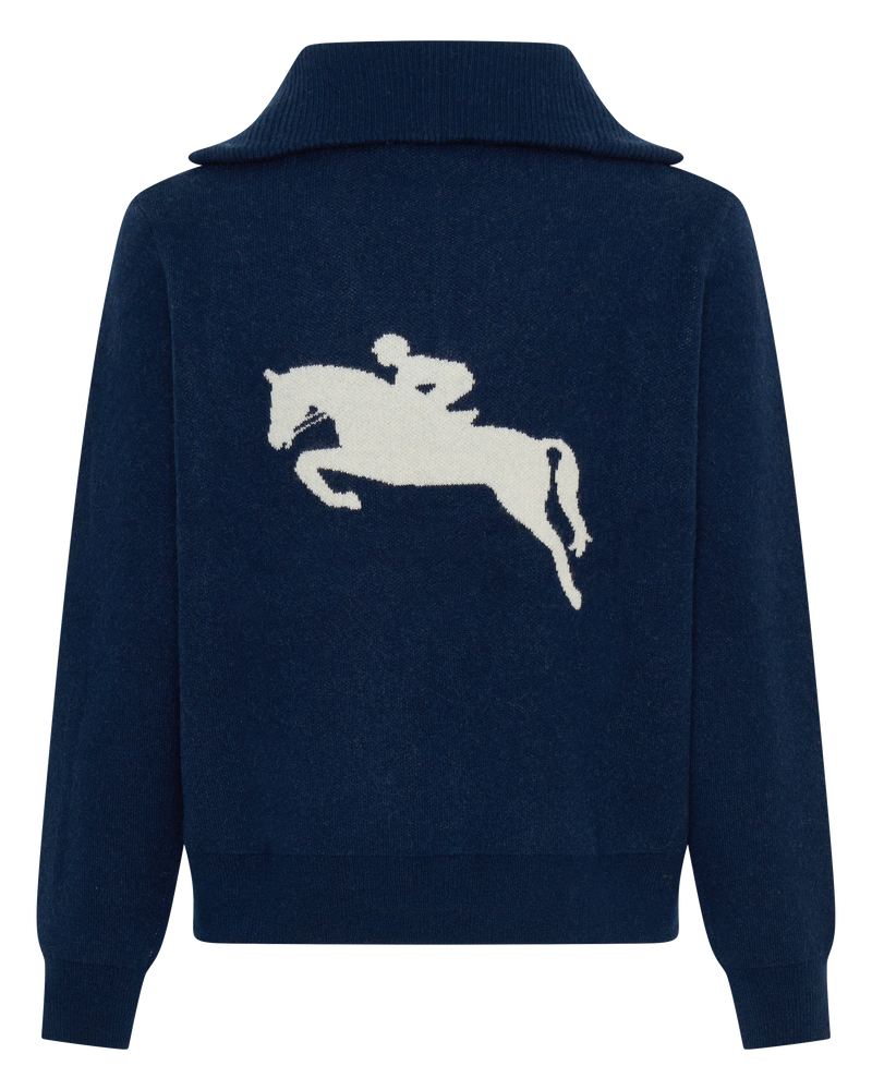 Cashmere Zip Jumper with Horse- Navy