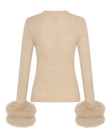 Wool Long Sleeve Top Fur Cuff - Biscuit