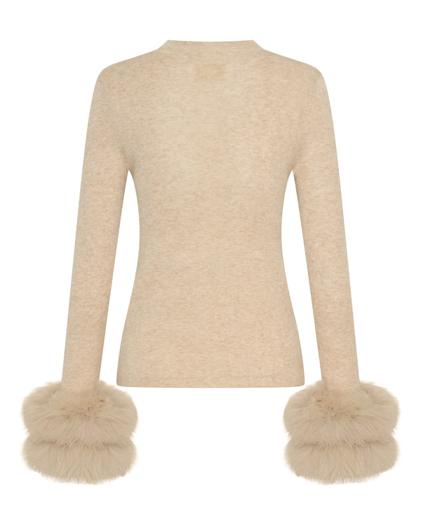 Wool Long Sleeve Top Fur Cuff - Biscuit
