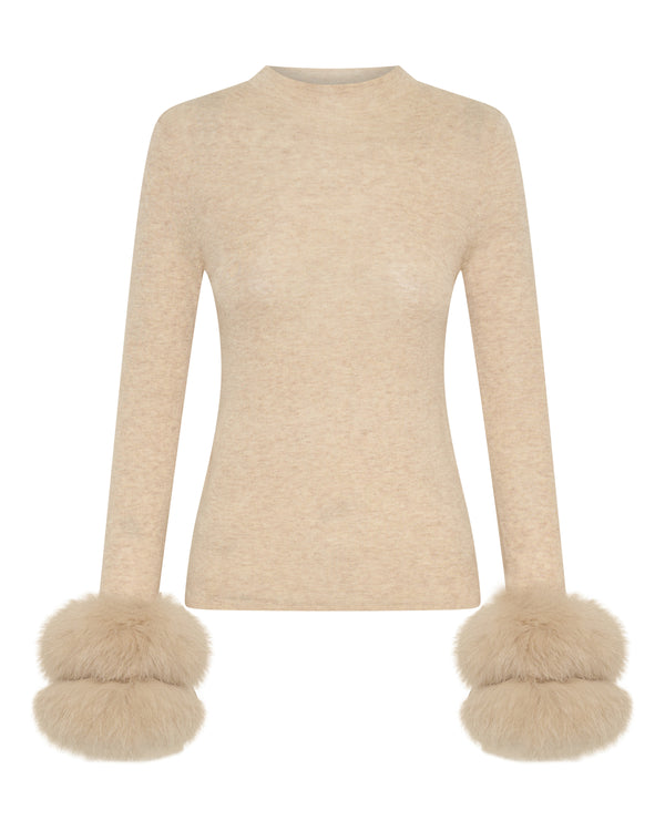 Wool Long Sleeve Top Fur Cuff - Biscuit