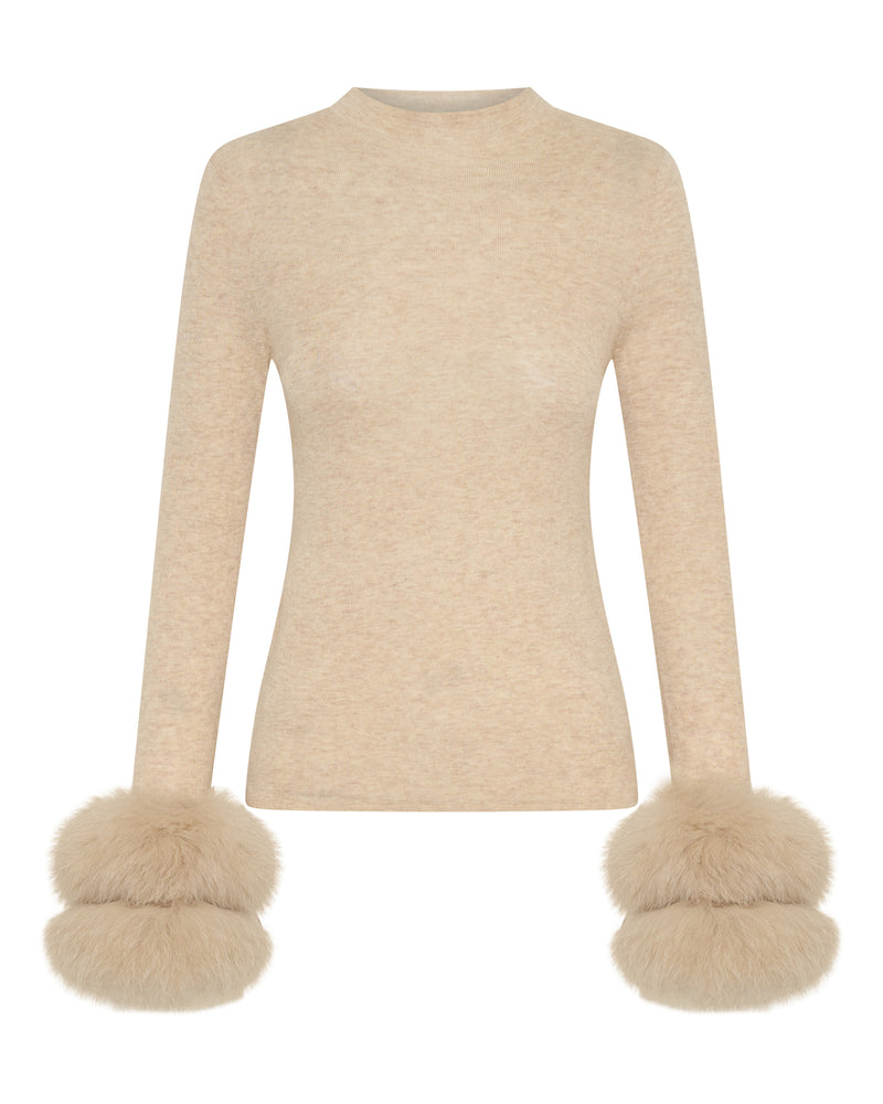 Wool Long Sleeve Top Fur Cuff - Biscuit