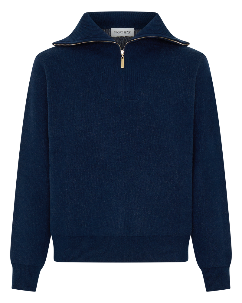 Cashmere Zip Jumper with Horse- Navy
