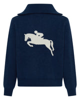Cashmere Zip Jumper with Horse- Navy