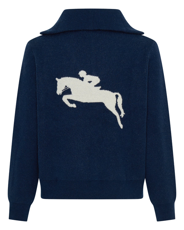 Cashmere Zip Jumper with Horse- Navy