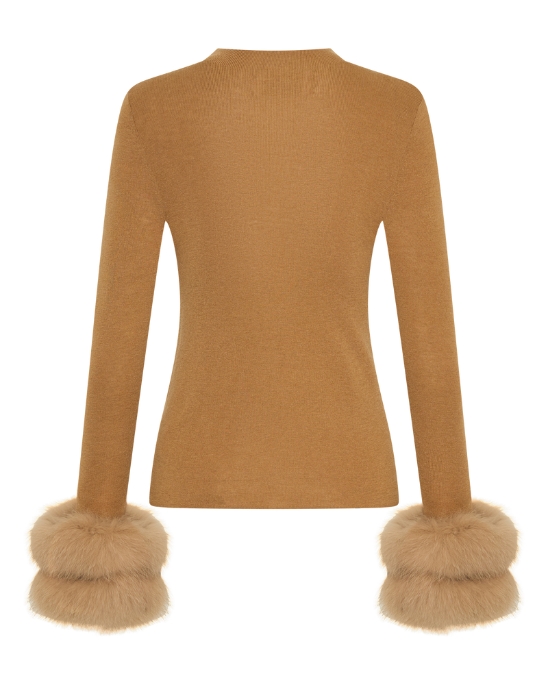 Wool Long Sleeve Top Fur Cuff - Tan