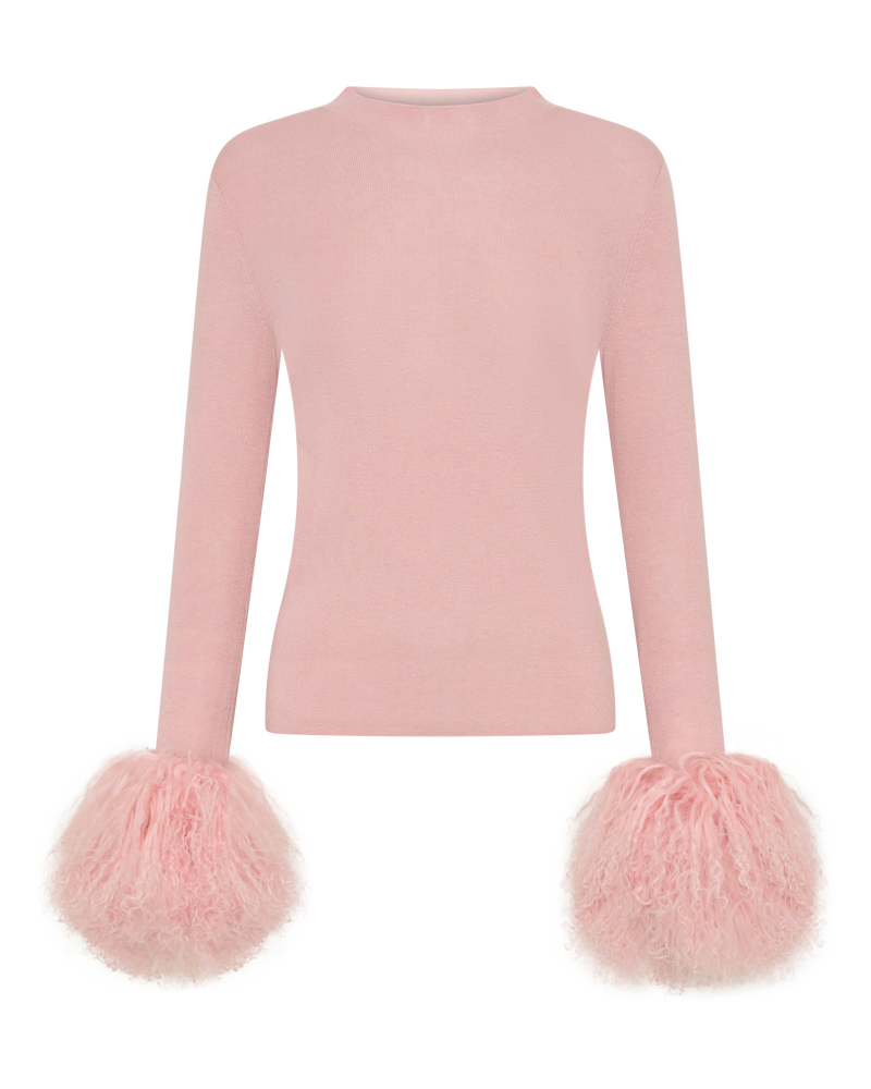 Wool Long Sleeve Top Shearling Cuff - Pink