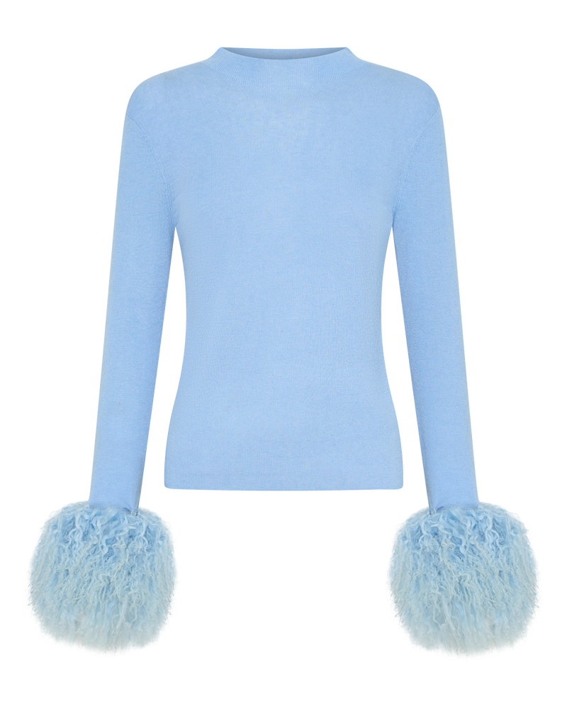 Wool Long Sleeve Top Shearling Cuff - Blue