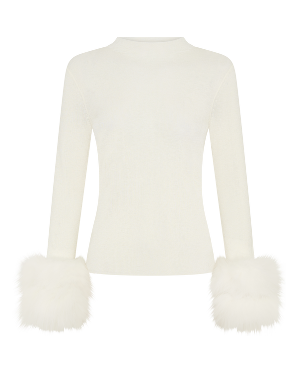 Wool Long Sleeve Top Fur Cuff - White