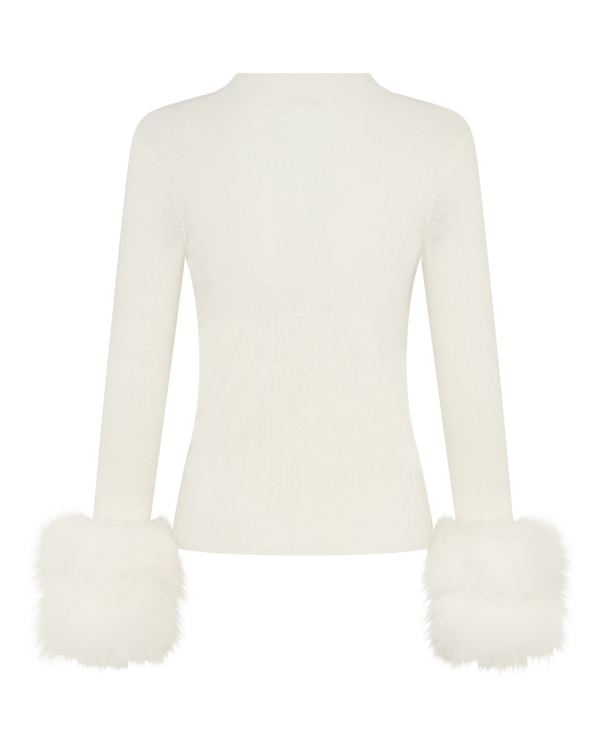 Wool Long Sleeve Top Fur Cuff - White