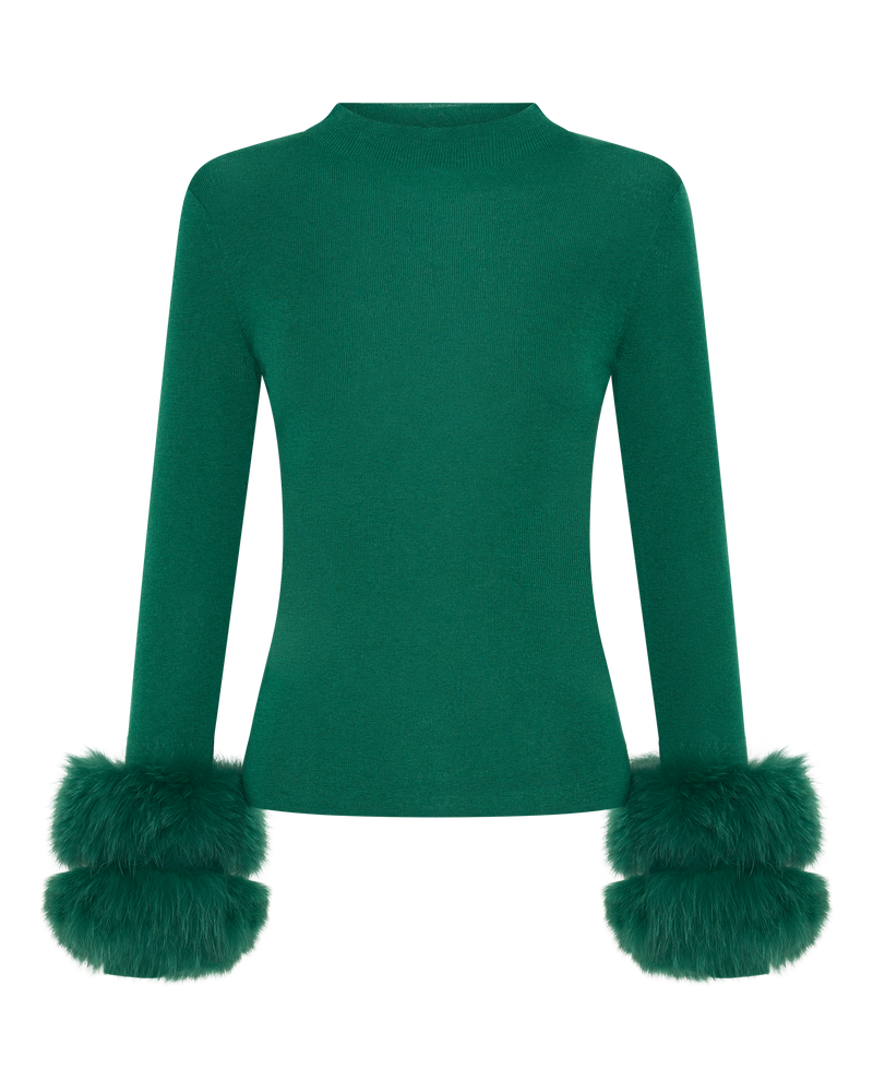 Wool Long Sleeve Top Fur Cuff - Green