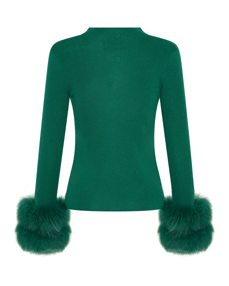 Wool Long Sleeve Top Fur Cuff - Green