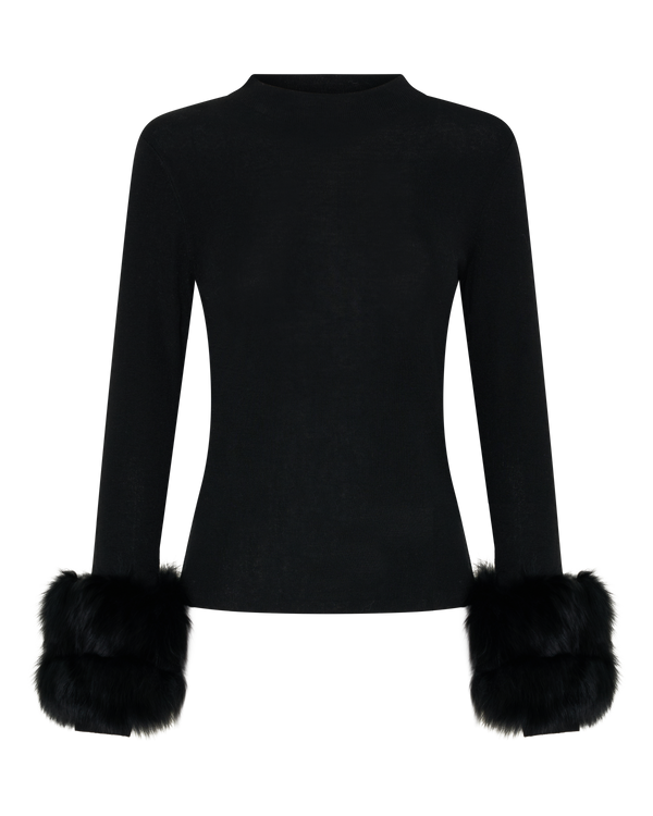 Wool Long Sleeve Top Fur Cuff - Black