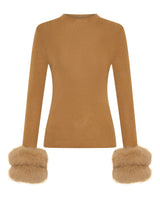 Wool Long Sleeve Top Fur Cuff - Tan