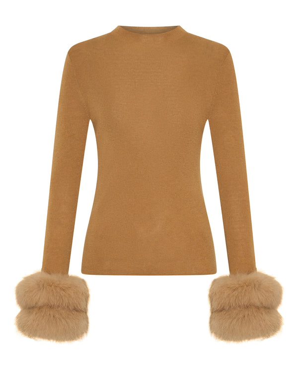 Wool Long Sleeve Top Fur Cuff - Tan