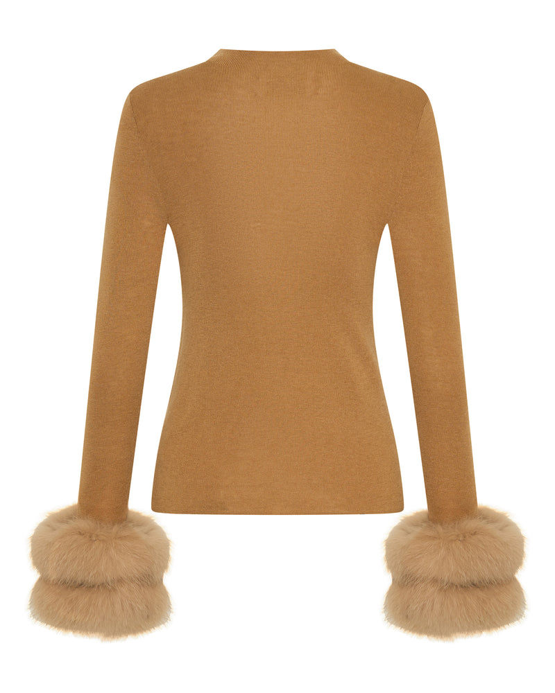 Wool Long Sleeve Top Fur Cuff - Tan