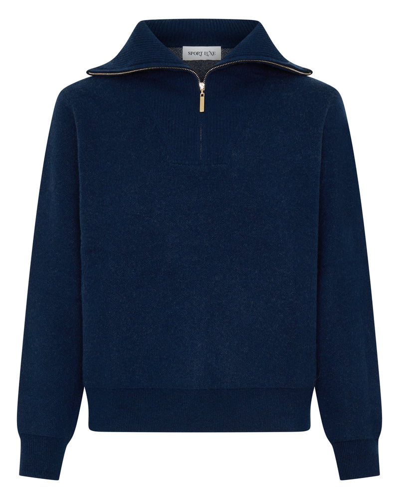 Cashmere Zip Jumper with Horse- Navy