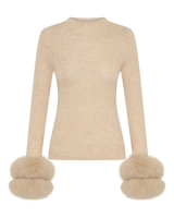 Wool Long Sleeve Top Fur Cuff - Biscuit