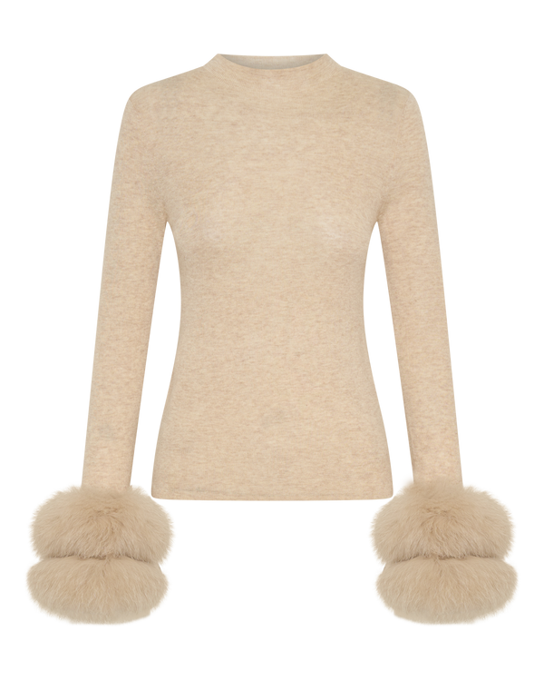 Wool Long Sleeve Top Fur Cuff - Biscuit