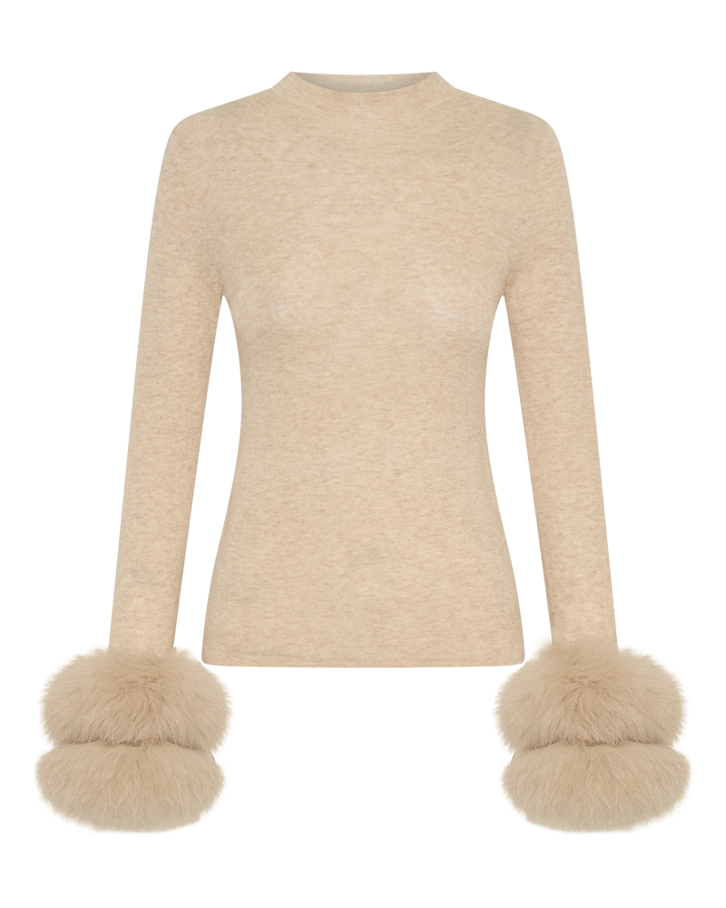 Wool Long Sleeve Top Fur Cuff - Biscuit