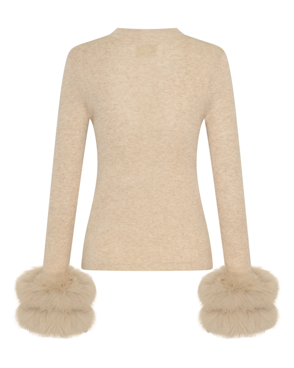 Wool Long Sleeve Top Fur Cuff - Biscuit