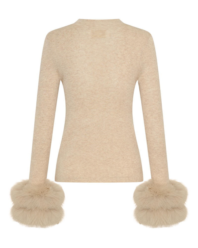 Wool Long Sleeve Top Fur Cuff - Biscuit