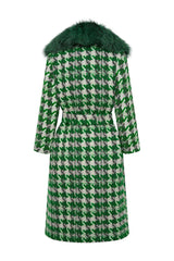 Wool and Fox Coat - Green/Wht Houndstooth