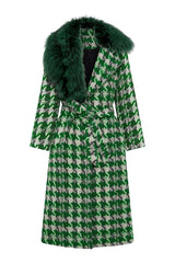 Wool and Fox Coat - Green/Wht Houndstooth
